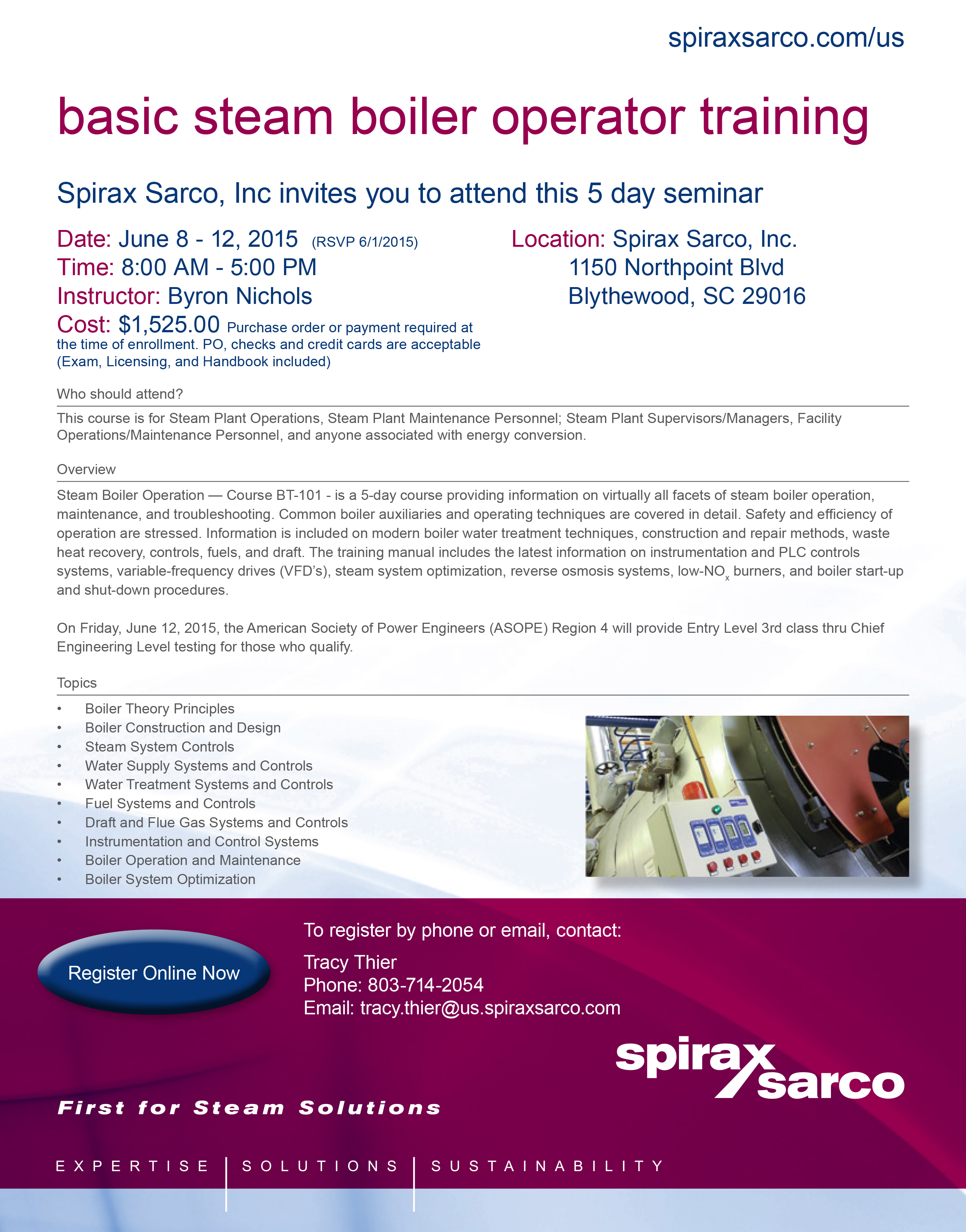 Spirax Sarco s Basic Steam Boiler Operator Training Course Coming to